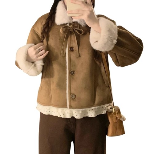 Composite rabbit fur: Korean-style leather and fur integrated, super good-looking, lined, short women's autumn and winter, petite, sweet and loose-fitting coat