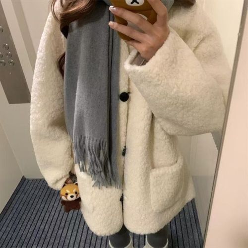 Korean-style effortless lamb wool coat for women, student winter and autumn new version loose matchable warm fur leather coat