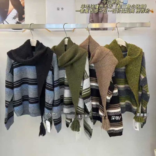 Double-breasted striped cashmere sweater set with triangular scarf - Dongdaemun Korean version