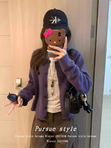 Women's Spring and Autumn New Arrival Light Purple Wisteria Purple Knitted Cardigan Coat, Round Neck, Casual and Versatile Top, Trendy