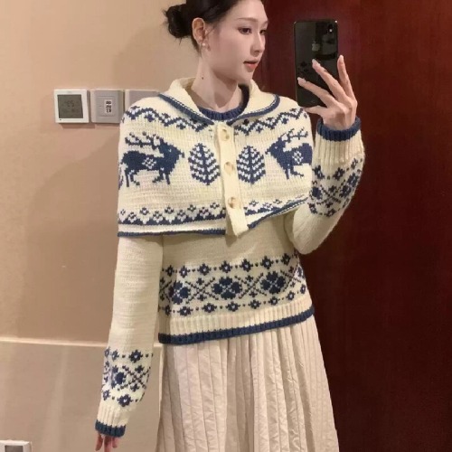 Korean-style retro off-white Fair Isle sweater coat for winter, short-length cape knit top for women