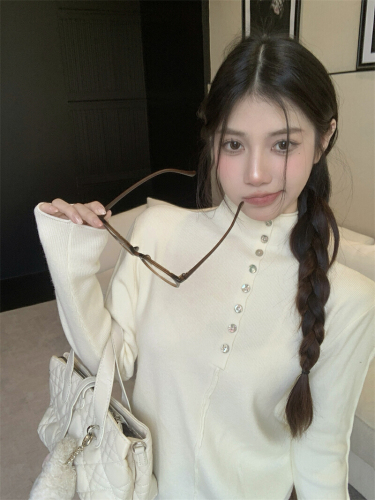 Photographed in real life, half open-collared button-up top, high-neck knit sweater for women, soft and fluffy, inner wear, base layer top.