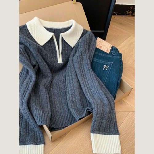 Half-zip collar long-sleeved knitted sweater for women, suitable for innerwear or outerwear, new autumn and winter style, very beautiful top