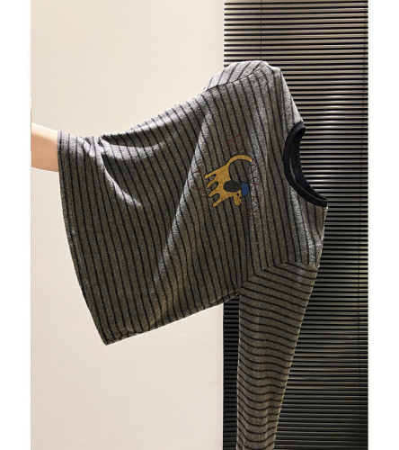 Official Image 72 Polyester 25% Cotton 3% Spandex Korean Style Striped Fuzzy Thickened Crew Neck Long Sleeve Loose Base Layer