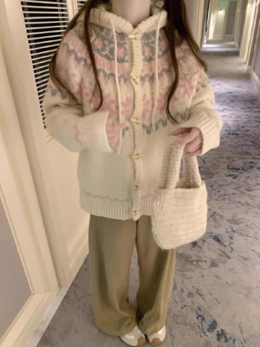 Creamy White Hooded Heavy Work Fair Isle Cable-Knit Soft Plush Warm Thick Sweater Jacket