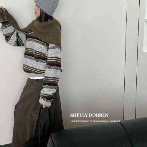 Double-breasted striped cashmere sweater set with triangular scarf - Dongdaemun Korean version