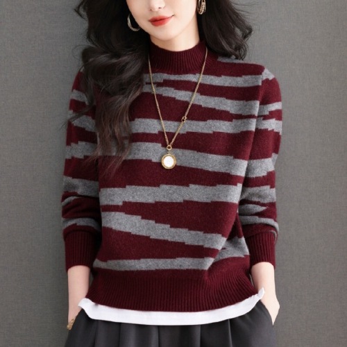 New Color-Block Knitted Sweater for Women—Autumn/Winter Half-Turtleneck Base Layer, Striped Wool Sweater, Versatile Short Style Sweater