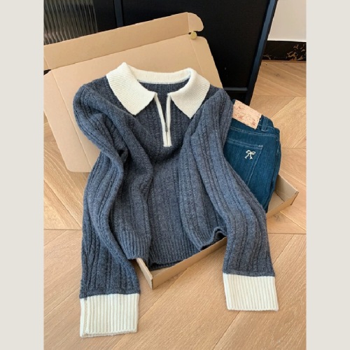 Half-zip collar long-sleeved knitted sweater for women, suitable for innerwear or outerwear, new autumn and winter style, very beautiful top