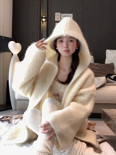 Acaine Almond Cream/White Medium-Long Wool Cardigan Coat for Women Winter Outerwear Layering Korean Style Coat