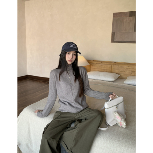 Photographed in real life, half open-collared button-up top, high-neck knit sweater for women, soft and fluffy, inner wear, base layer top.