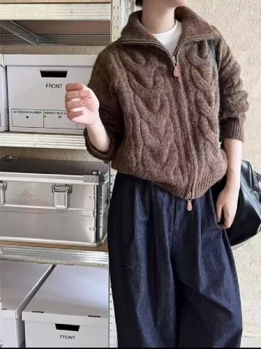 Leather-look Marbled Brown Double Zip Fox Fleece Women's Winter Collar Pajama Style Knit Cardigan Top 2025