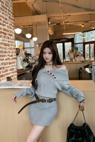 ~Autumn/Winter Lazy Pure Desire One-Shoulder Large Collar Off-the-Shoulder Cardigan Skirt with Belt