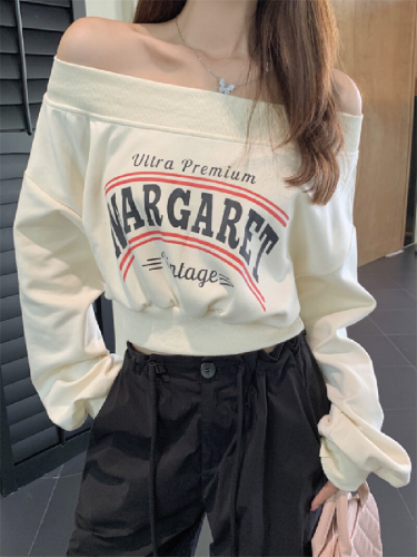 Photographed Huacian Composite Women's High-Waist Short-Sleeve One-Shoulder Printed Spring Hoodie