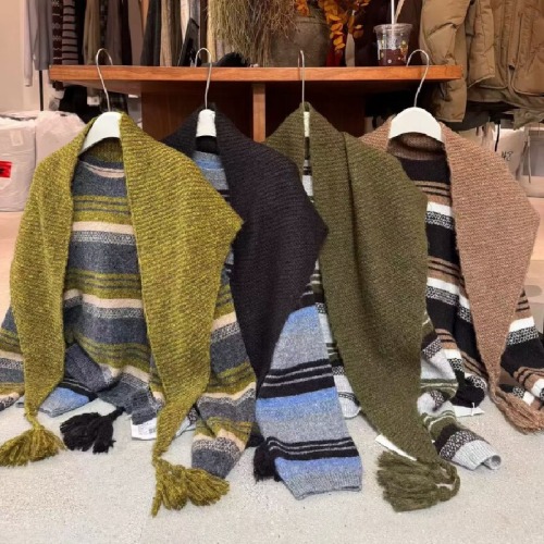 Top Set with Thick-Knit Striped Cardigan and Triangular Scarf in Dongdaemun Korean Style