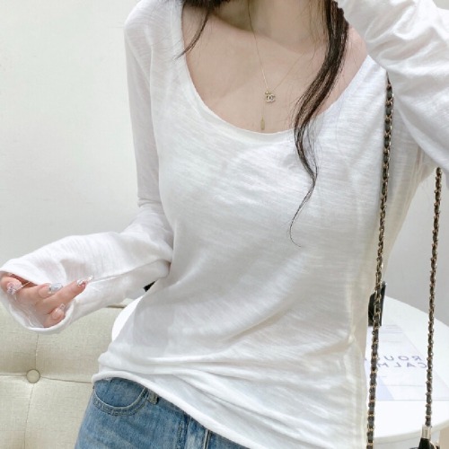 White Bamboo Ribs High Collar Hem Long Sleeve T-Shirt for Women 2025 Autumn Inner Layer Base Shirt Slim Fit Elegant Top