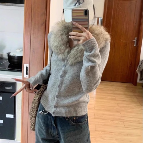 Mink fur collar cashmere wool knitted open jacket for women, autumn long-sleeved slimming elegant high-end upper garment outerwear