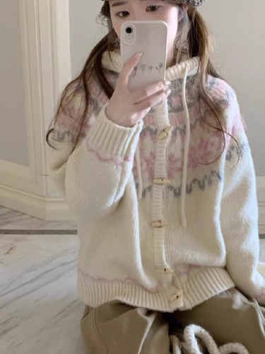 Creamy White Hooded Heavy Work Fair Isle Cable-Knit Soft Plush Warm Thick Sweater Jacket