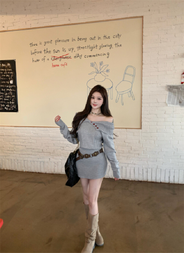 ~Autumn/Winter Lazy Pure Desire One-Shoulder Large Collar Off-the-Shoulder Cardigan Skirt with Belt