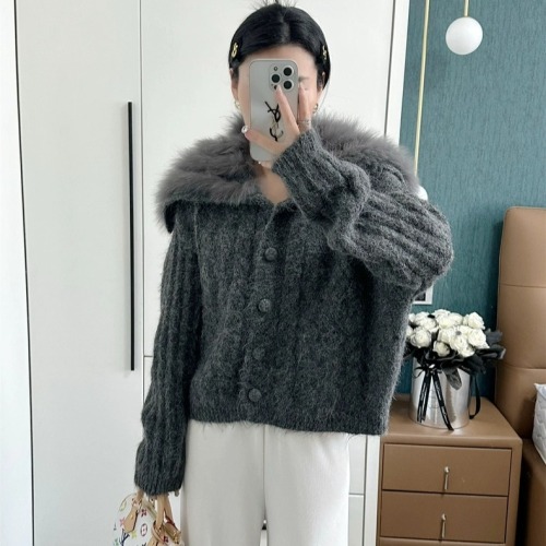 2025 New Korean Style Navy Fox Knit Cardigan Leather Outerwear for Women Young and Fashionable Slimming