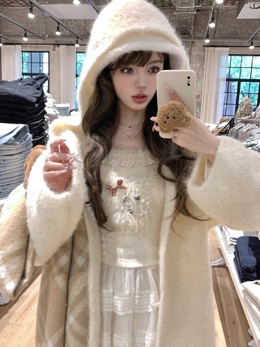 Acaine Almond Cream/White Medium-Long Wool Cardigan Coat for Women Winter Outerwear Layering Korean Style Coat