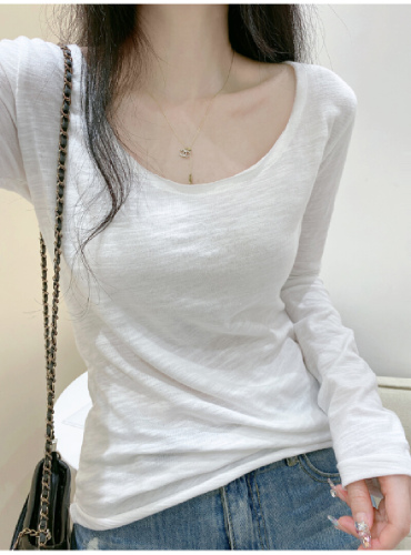 White Bamboo Ribs High Collar Hem Long Sleeve T-Shirt for Women 2025 Autumn Inner Layer Base Shirt Slim Fit Elegant Top