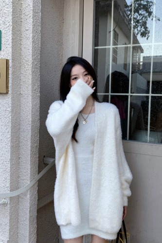 Mink fur medium-length cardigan sweater, pure color Korean style gentle fur long-length knitted sweater outerwear