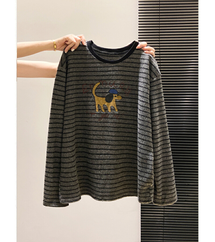 Official Image 72 Polyester 25% Cotton 3% Spandex Korean Style Striped Fuzzy Thickened Crew Neck Long Sleeve Loose Base Layer