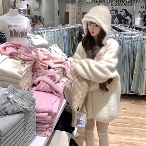 Acaine Almond Cream/White Medium-Long Wool Cardigan Coat for Women Winter Outerwear Layering Korean Style Coat