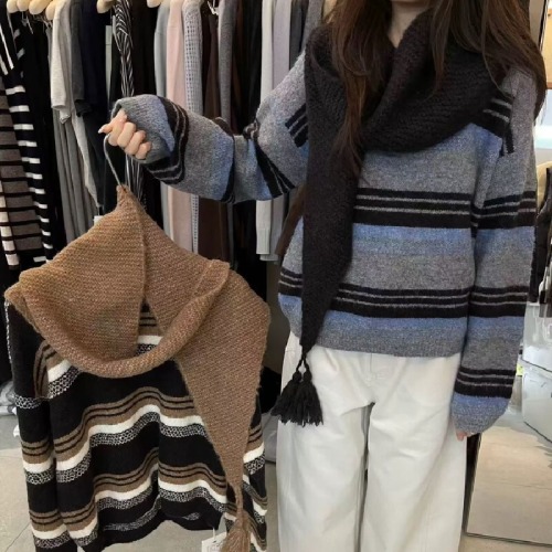 Top Set with Thick-Knit Striped Cardigan and Triangular Scarf in Dongdaemun Korean Style