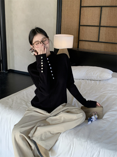 Photographed in real life, half open-collared button-up top, high-neck knit sweater for women, soft and fluffy, inner wear, base layer top.
