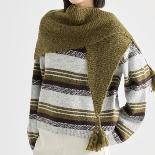 Top Set with Thick-Knit Striped Cardigan and Triangular Scarf in Dongdaemun Korean Style