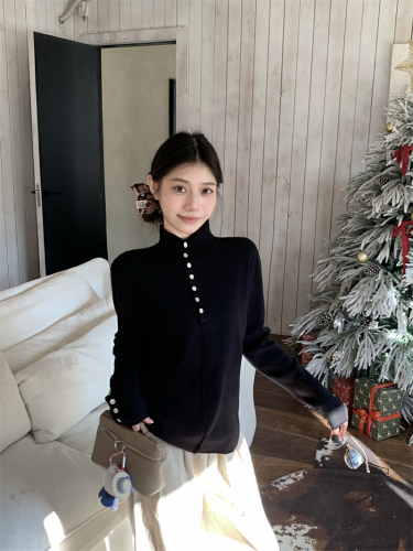 Photographed in real life, half open-collared button-up top, high-neck knit sweater for women, soft and fluffy, inner wear, base layer top.