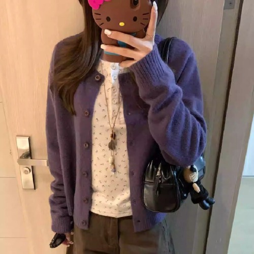 Women's Spring and Autumn New Arrival Light Purple Wisteria Purple Knitted Cardigan Coat, Round Neck, Casual and Versatile Top, Trendy