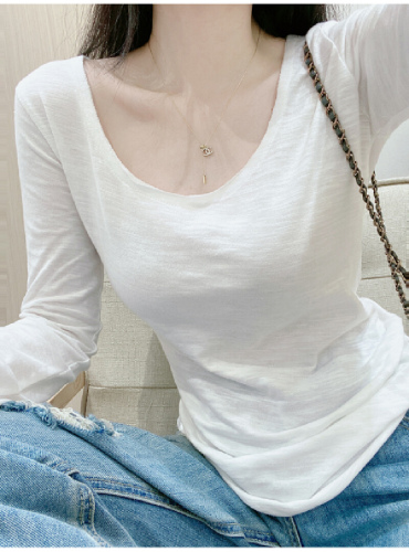 White Bamboo Ribs High Collar Hem Long Sleeve T-Shirt for Women 2025 Autumn Inner Layer Base Shirt Slim Fit Elegant Top