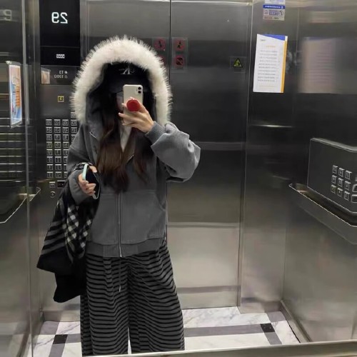 Women's Grey Fleece Hooded Sweatshirt with Embroidery for Autumn/Winter 2025, Loose Fit, Ins Style Casual Top