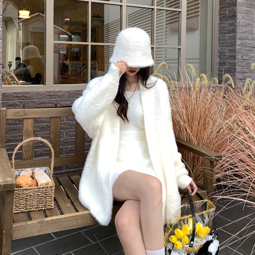 Mink fur medium-length cardigan sweater, pure color Korean style gentle fur long-length knitted sweater outerwear