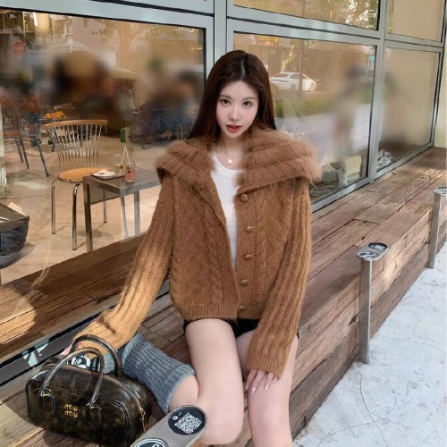 2025 New Korean Style Navy Fox Knit Cardigan Leather Outerwear for Women Young and Fashionable Slimming