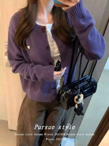 Women's Spring and Autumn New Arrival Light Purple Wisteria Purple Knitted Cardigan Coat, Round Neck, Casual and Versatile Top, Trendy