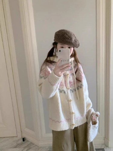 Creamy White Hooded Heavy Work Fair Isle Cable-Knit Soft Plush Warm Thick Sweater Jacket