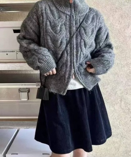 Leather-look Marbled Brown Double Zip Fox Fleece Women's Winter Collar Pajama Style Knit Cardigan Top 2025