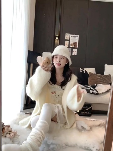 Acaine Almond Cream/White Medium-Long Wool Cardigan Coat for Women Winter Outerwear Layering Korean Style Coat