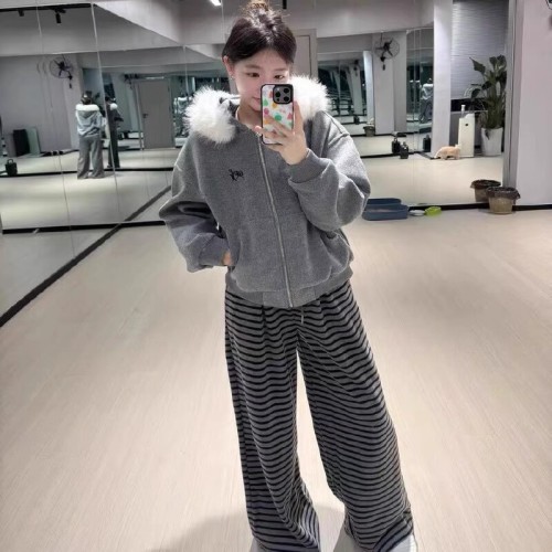 Women's Grey Fleece Hooded Sweatshirt with Embroidery for Autumn/Winter 2025, Loose Fit, Ins Style Casual Top