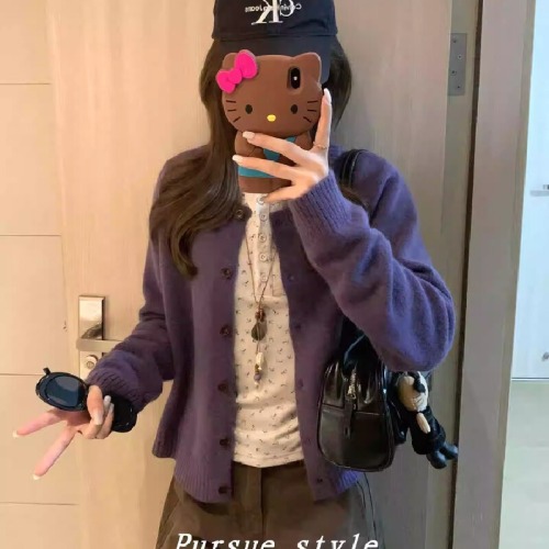 Women's Spring and Autumn New Arrival Light Purple Wisteria Purple Knitted Cardigan Coat, Round Neck, Casual and Versatile Top, Trendy