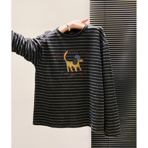 Official Image 72 Polyester 25% Cotton 3% Spandex Korean Style Striped Fuzzy Thickened Crew Neck Long Sleeve Loose Base Layer