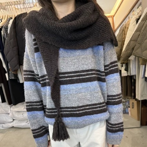 Top Set with Thick-Knit Striped Cardigan and Triangular Scarf in Dongdaemun Korean Style
