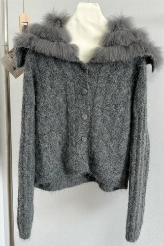 2025 New Korean Style Navy Fox Knit Cardigan Leather Outerwear for Women Young and Fashionable Slimming