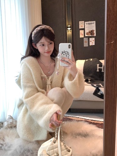 Acaine Almond Cream/White Medium-Long Wool Cardigan Coat for Women Winter Outerwear Layering Korean Style Coat