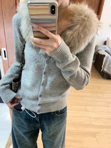 Mink fur collar cashmere wool knitted open jacket for women, autumn long-sleeved slimming elegant high-end upper garment outerwear
