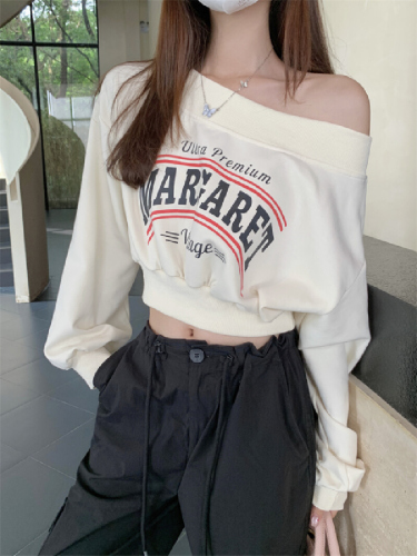 Photographed Huacian Composite Women's High-Waist Short-Sleeve One-Shoulder Printed Spring Hoodie