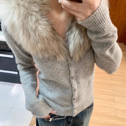 Mink fur collar cashmere wool knitted open jacket for women, autumn long-sleeved slimming elegant high-end upper garment outerwear